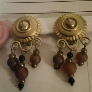 Vintage Gold Clip On Earrings with Brown Dangles.